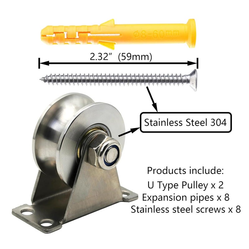 LTEMG U Type Groove Wheel Pulley Stainless Steel Silent Pulley Block,Wall-Mounted Ceiling Lifting Pulley Block,Sliding Gate Hardware,Removable Double Bearing,with Expansion Pipes and Screw(2 Pack) - Image 3